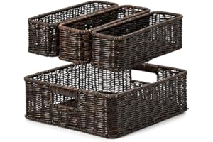 EZOWare Set of 4 Resin Woven Storage Basket Set, Decorative Wicker Plastic Tray Drawer Organiser Bin Containers for Kitchen, Living Room, Bathroom, Bedroom - 2 Sizes, Dark Brown