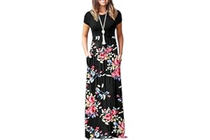 AUSELILY Damska luźna sukienka maxi z krótkim rękawem, luźna, na co dzień, z kieszeniami