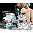 LENDIS Clear plastic shoe box, Plastic stackable sneaker box, Space saving, Shoe display box, Collection display box, Side opening (4 box transparent)