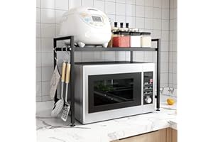 OhhGo Expandable Microwave Oven Rack, 2-stöckiges Mikrowellen Regal Ausziehbar mit 3 Haken, höhen- und breitenverstellbares Mikrowellenhalterung für Reiskocher, erweiterte Größe: 60 cm x 36 cm x 46 cm