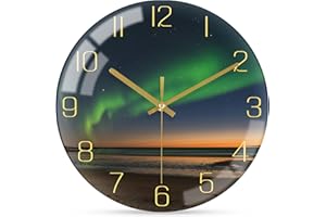 ‎WONZOM WONZOM Groß Modern Wanduhr, 30cm Ohne Tickgeräusche Lautlos Glas Uhr, Schwarz und Gold Wand Deko für Wohnzimmer/Küche/Badezimmer/Schlafzimmer (Aesthetic Aurora)