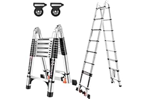EGTINK Échelle télescopique 6,2 m (3,1 m + 3,1 m) en Aluminium avec Barre stabilisatrice, échelle de Grenier Extensible Multi-usages, échelle Pliante Portable et Robuste