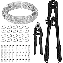 TooTaci Kit di crimpatura per funi metalliche, con cavo in acciaio inox da 61 m, tagliafili, tenditore, ganci a vite, manicotti a crimpare e ditali, per appendere fili di luci