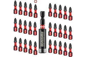 GEINXURN 30 Pièces Pozidriv Embouts de Vissage aux Chocs PZ2 25mm, Jeu d'embouts Magnétique pour Visseuse Tournevis Tige Hexagonale 1/4" S2 en Acier Allié avec 1 Pièce Porte-embout de 60mm