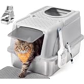 Feandrea Cat Litter, Stainless Steel with Hinged Lid, Light Grey | BOXAL Collection PPT005G201 XL Litter Tray Leakproof Spoon