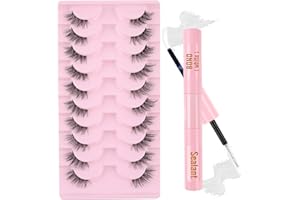 Sixstarhair Kit Pestañas Postizas Medias pestañas con pegamento, banda transparente, 10 pares, kit de pestañas tipo ojo de gato, aspecto natural, reutilizable