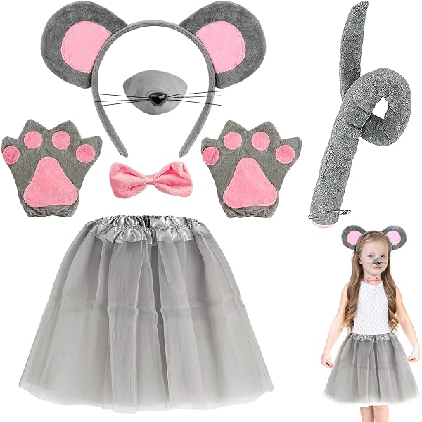 SKHAOVS Costume de souris 5 pièces - Gris et rose - Unisexe - Oreilles de souris, nez, queue, gants et nœud papillon - Cosplay, Halloween, fêtes