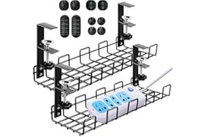 DEVENIRRICHE Cable Management Tray Under Desk, 2PCS No Drill Table Cable Basket Kit with 10PCS Wire Fixers for Wire Management, Storing Extension Cords, Keep Under Desk Cable Tidy, Fits Most Tables