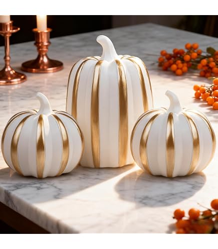 3 Citrouilles Décoratives En Résine - Blanc Or, Décoration D'automne Et Thanksgiving