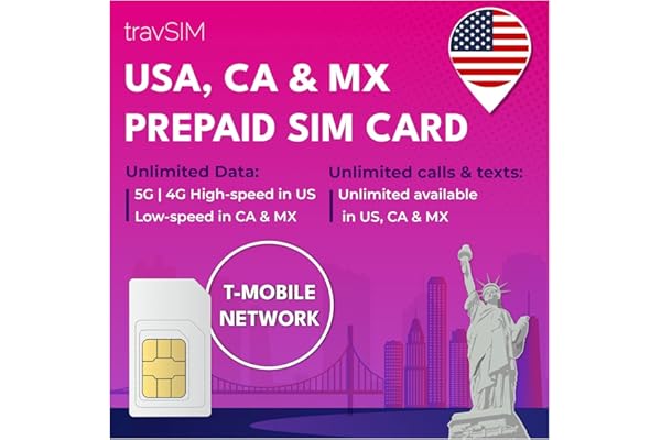 travSIM Carte SIM USA (T-Mobile SIM Card) Valable 15 Jours - 50Go 3G 4G LTE Mobile Data - USA T-Mobile US SIM Card (Fonctionne Aussi au Canada & Mexique, 5Go Combinés)