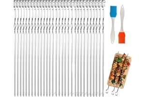 QHSXMQ 30 Stück Grillspieße Edelstahl, 30cm Schaschlikspieße Edelstahl, Grillspieße mit 2 Grillbürste, Grill Kabob Spieße, Grill Zubehör Extra Stark, Grill Spieße für Lagerfeuer oder eine Grillschale