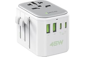 EPICKA Adattatore Universale da Viaggio 45W PD, Presa Universale da Viaggio con 2 USB C e 2 USB A, Adattatore Internazionale per Europa, Regno Unito, Stati Uniti, Giappone, Australia, Cina, UK, Bianco