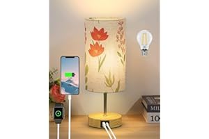 Lanmonlily Lámpara Mesita Noche Táctil, Regulable 3 Niveles de Brillo, Puerto de carga tipo C+USB-A, Pantalla de lino floral con base de metal, Bombillas incluidas