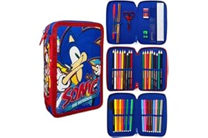 CARTOON Astuccio 3 zip Sonic triplo completo 44 pezzi cancelleria per la scuola multiscomparto penne matite colori pennarelli giotto