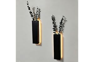HANYUN 2 Stück Holz Wandvase mit LED Lichtern für Zimmerpflanzen, Künstlicher Eukalyptus Wandpflanzgefäße Fake Vines Wand Pflanzgefäße für Wohnzimmer, Badezimmer, Dekorationen Wanddeko Grünpflanzen (Black)