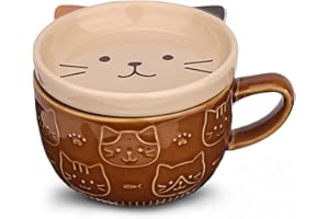 JNSMFC Niedliche Keramik Katze Kaffeebecher mit Deckel,Kaffeebecher oder Teebecher für Katzenliebhaber,Lustige Neuheit Katze Frühstück Tassen für Frauen Freunde Kinder Weihnachten Geburtstag Geschenk,300ML
