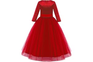 IWEMEK Robe de Fleur Fille Demoiselle d'honneur Robe de Soirée Mariage Tulle Velours Manches 3/4 Princesse Longue Robe de Première Communion Anniversaire Fête Noël Carnaval