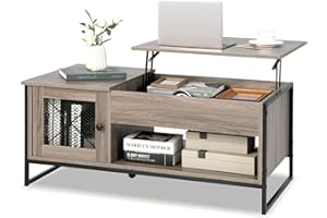 COSTWAY Stolik kawowy z regulacją wysokości, 2 poziomy, stolik pomocniczy z ukrytym schowkiem i drzwiami, stolik kawowy z drewna, stolik kawowy do salonu i biura, retro