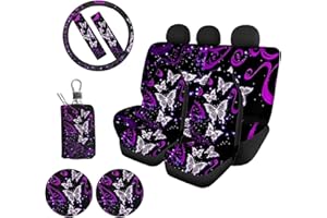 Jeiento Purple Butterfly Car Seat Cover Protector for Women Girl Gift, SUV Steering Wheel Cover Seat Belt Shoulder Strap Pads Auto Cup Coasters,Key Chains, 10 Pcs Non-Slip Fit Most Car SUV & Truck