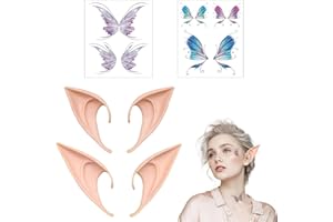 DOKEI 2 Pares Orejas de Elfo Latex Orejas de Hadas con 2 Piezas Tatuaje Temporal de Mariposa Elf Ears Orejas Puntiagudas para Halloween Navidad Carnaval Cosplay Mascarada Accesorios de Disfraz