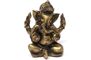 TEMPELWELT Figurka dekoracyjna Ganesha czteroramienna siedząca 11 cm polyston antyczny złoty, hinduski Bóg Budda Indie Azja Bóg słoni Ganesh