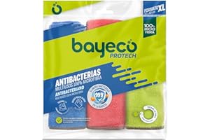 Bayeco - Bayeta Copptech Antibacterias - 100% Microfibra - Tecnología que elimina 99,9% de bacterias - Tres colores - Máxima limpieza solo con agua - Pack Multiusos 3 unidades