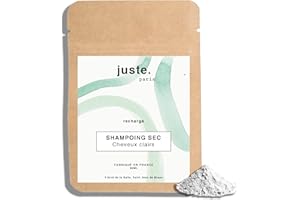 JUSTE PARIS Recharge Shampoing Sec Poudre Bio - Pour Cheveux Clairs – 80 ml - Absorbe le Sébum, Redonne Volume et Douceur – Parfum Yuzu – Sans Aérosol - Environ 50 utilisations
