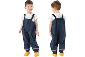 Fewlby Waterproof Trousers Kids Rain Trousers Waterproof Bib Overalls Boys Girls Rain Dungarees Wind and Waterproof Mud Pants Toddler Outdoor Rainwear with Reflective Strips