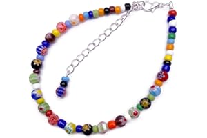 AH! JEWELLERY Colourful Millefiori Bead Anklet with Glass Seed Beads : Adjustable 9-11.5 inches, Fun Summer Jewellery Gift for Women, Beach Boho