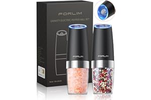 FORLIM Juego de molinillo eléctrico de sal y pimienta por gravedad, capacidad de 6 onzas, 4 pilas AAA automáticas con una mano, grosor ajustable, con luz LED, paquete de 2 (negro)