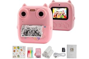 CreaBivotion L'ultima fotocamera a stampa istantanea per bambini 1080P con display da 2,4 pollici, scheda da 32 GB, 2 rotoli di carta da stampa, regalo di compleanno per bambini di Natale rosa, adatto