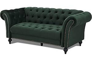 Home Detail Velvet Fabric Chesterfield Sofa Upholstered 1.5 2 & 3 Seater Curved Settee Set Living Room Suite (3 Seat Sofa Only, Green)