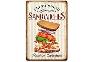 TARIKA Panneau en étain « Sandwiches », « Dlicious Fresh Bread » - Décoration murale rétro vintage pour maison, cuisine, restaurant, bar, pub, restaurant, magasin - 30,5 x 20,3 cm