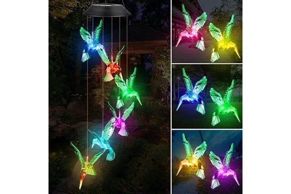 Carillons Éoliens Solaire - Carillon de Vent Colibri Changement de Couleur LED Lampe Étanche Solaire Mobile Carillon Intérieure Extérieure pour Décoration de Jardin, Patio, Porch, Terrasse, Cour, Fête