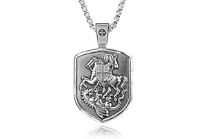VENICEBEE® St. George Mounted Slaying Dragon Saint Medal Cross Shield Protection Christian Sacramental Solid 925 Sterling Silver Pendant Necklace + Velvet Pouch, Polishing Cloth, Fine Gift Box, One