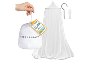 ‎SILBERKRAFT Silberkraft Moskitonetz mit Deckenhaken & Dübel, sichere Befestigung zum Bohren, reißfestes Mückennetz für Einzelbett & Doppelbett, Schutz auf Reisen & Zuhause, Ultra feinmaschig 225er WHO-Empfehlung