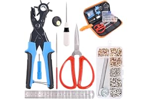 Swpeet Set di 8 punzoni per pelle con occhielli e kit di punzonatura professionale, tra cui pinza, cacciavite, forbici, righello, punteruolo e asta di macinazione, perforatrice di varie dimensioni per