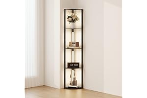 HOMCOM LED Floor Lamp with Shelves, 5-Tier Dimmable Standing Lamp with Adjustable Brightness and Foot Switch, Modern Corner Display Fan-Shaped Shelf Unit for Living Room Bedroom Office, Black