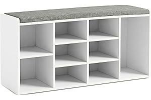 Blisswood Shoe Bench, Shoe Storage Bench with Padded Seat, Shoe Organiser with 9 Open Storage Compartments & Adjustable Shelves, Modern Style Unit with Cushion for Hallway Bedroom Living Room (White)