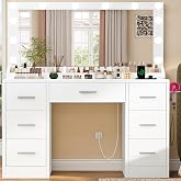 TEENFON Large Makeup Vanity with Mirror, LED Lights 3 Colors and Adjustable Brightness, Makeup Table with Plugs, Drawers, Ope