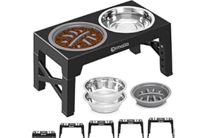 Ormalla Elevated Dog Bowls with Slow Feeder, 5 Heights Adjustable Raised Dog Bowls with 2 Stainless Dog Food Bowl Stand for Large Medium Small Dogs and Pets - Black