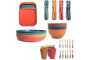 BERRYLION 48Pcs Plastic Dinnerware Sets for 4, Unbreakable Colorful Dinner Dishes, Reusable Lightweight Serving Plates Bowls Cups Forks Tableware Set, Perfect for Camping, Picnic, RV, Parties, BBQ