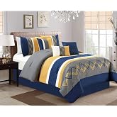 Chezmoi Collection Arden 7 Par&ccedil;a Modern Plili &Ccedil;izgili İşlemeli Zikzak Yatak Yorgan Seti (Tam, Lacivert/Gri/Sarı/Beyaz)