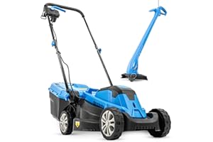 HYUNDAI POWER PRODUCTS Hyundai Electric Lawn Mower & Grass Trimmer Set | 1300W 33cm Mower + 250W 22cm Trimmer | 11m & 10m Cables, Adjustable Cutting Height, Lightweigh Grass Cutter for Small Gardens | 3 Year Warranty