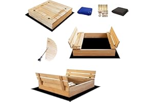 SunWood Sandkasten 100x100 cm Unbehandelt Premium Sandbox mit Abdeckung Sitzbänken Deckel Plane Sandkiste Holz Kiefer Sandkastenvlies (Natur-unbehandelt)