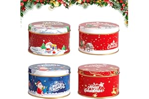 TSLBW 4 Piezas Latas de Metal para Galletas de Navidad Cajas de Latas Vacías de Alces de Papá Noel con Tapas para Velas de Bricolaje Dulces té Especias Regalos de Fiesta de Navidad (Circular)