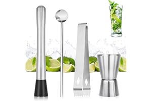 SIMDAO Juego de 4 Herramientas para Barman, Cocktail Muddler Set Muddler Mojito Cocktail Muddler Mojis Set Cuchara mezcladora con Muddler Ice Clip Taza medidora