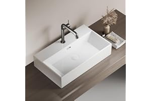 EMKE Lavamanos de Diseño Moderno, Lavabo de Cerámica con Borde Fino, Baño y Aseo de Invitados 600x360x130mm, Blanco, Cuadrado, Lavabo de Encimera