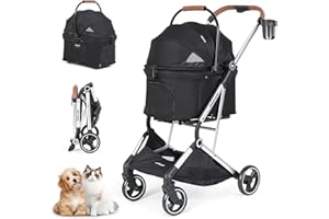 Beberoad T3 Pro 3-in-1 Pet Stroller Dog Pram for Small Medium Dogs Cats Under 44lbs, Foldable Pet Pram Dog Pushchair Detachable Carrier with Pad, Cup Holder, Frosted Frame and Upgraded Fabric, Black
