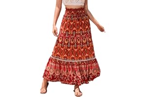 EMOTTOS Maxi Gonna Lunga Donna, Boho Gonne Lunghe Vita Alta Estive con Cinturino Decorativo, Bohemien Elastica Gonna Floreale Plissettata Swing Gonna A-Linea Casual Elegante, Blu/Rosso S-XL